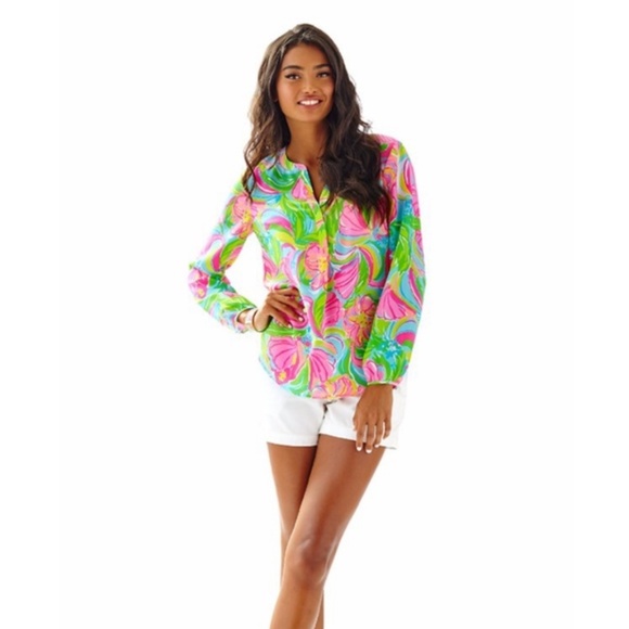 Lilly Pulitzer Silk Stacey Popover So A Peeling Monkey Elephant Pink Green Top S - Picture 1 of 7